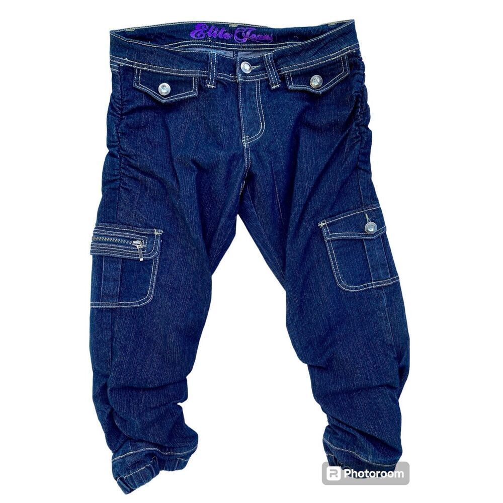 Y2K Vintage Elite Jeans SZ 9/10 Dark Denim Cargo Stretchy Bling Capris
